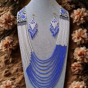 Seed Bead long necklace earrings set yellowarrings set yellow blue (1)