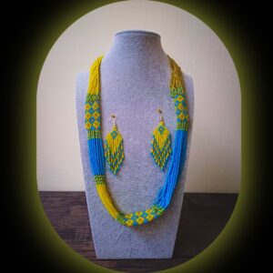 Seed Bead long necklace earrings set yellow