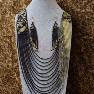 Seed Bead long Necklace earrings set -Black and Gold