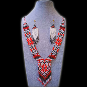 Seed Bead long Necklace earrings set -Red & Black