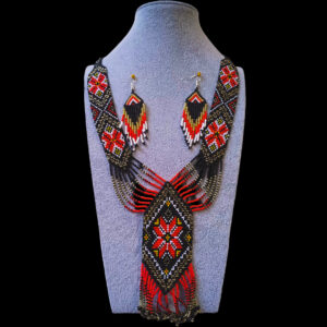Seed Bead necklace earrings set: Red,Black&Silver